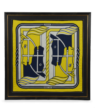 A striking framed Hermès 90 ‘Quadrige’ silk square by Pierre Peron, circa 1973