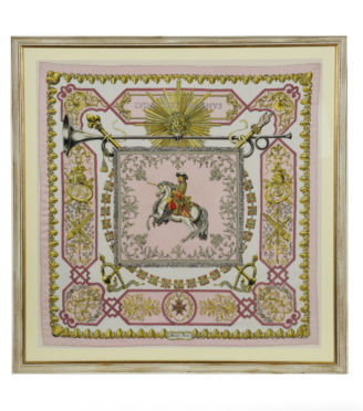 A fine framed Hermès 90 silk square of Ludvicus Magnus (Louis XIV) designed by Françoise de la Perriere, circa 1963