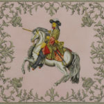 A fine framed Hermès 90 silk square of Ludvicus Magnus (Louis XIV) designed by Françoise de la Perriere