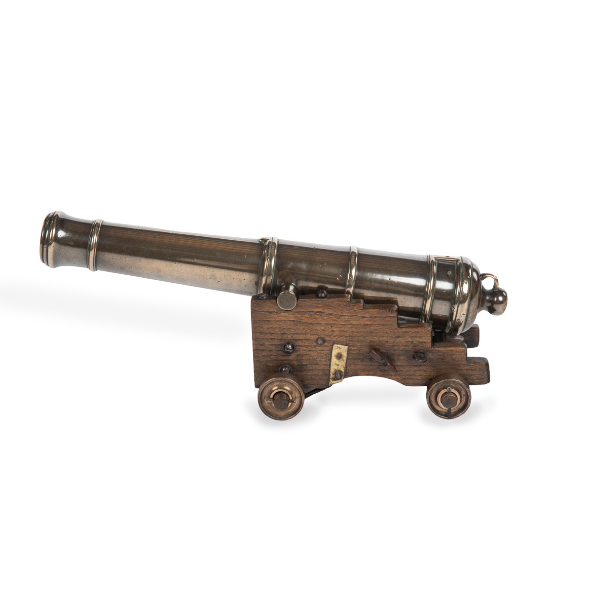 A fine bronze naval 5 stage signalling cannon on a naval dockyard elm carriage with bronze wheels.