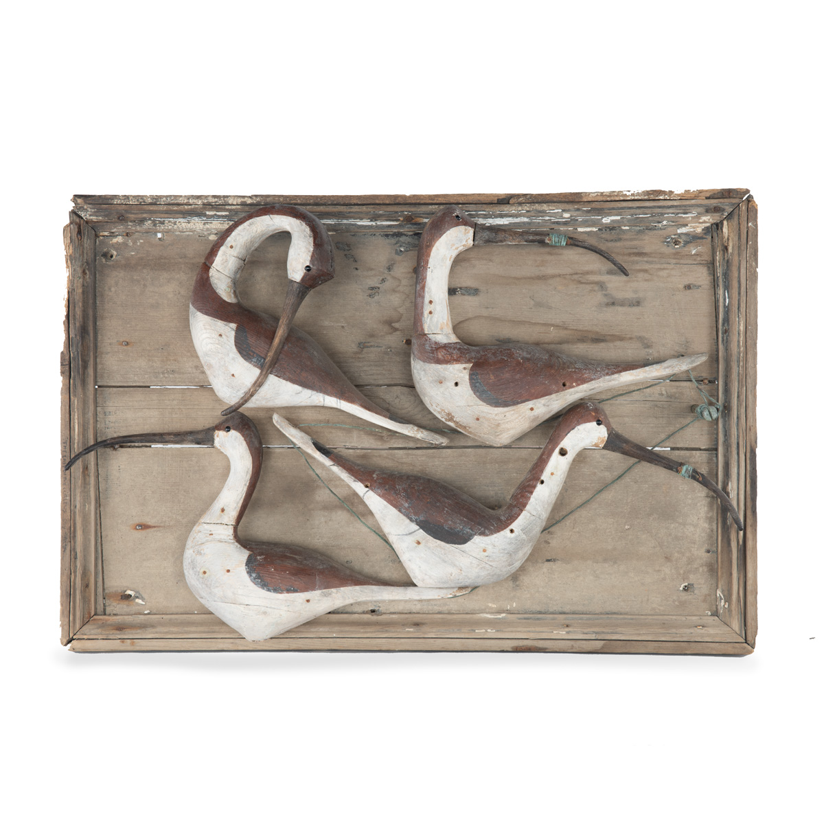A Wall-mounted Sculpture of Four Sandpipers, Carved, Painted and With Bound Copper Wire, Mounted on a Moulded Framed Panel, by Guy Taplin (B.1939)