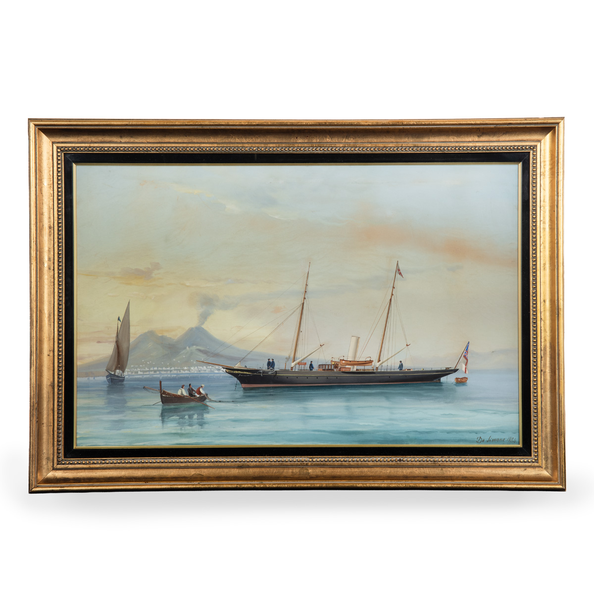 A Fine Gouache of the Twin Masted Steam Yacht Geraldine at Anchor of the Bay of Naples With Mount Vesuvius in the Background. Signed De Simone 1884.