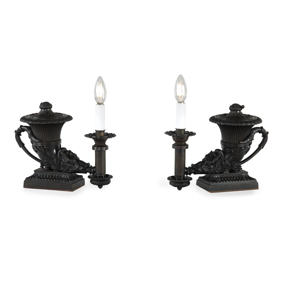 An Interesting Pair of William IV Period Bronze Colza Rhyton Lamps Attributed to Thomas Messenger and Now Electrified c.1835